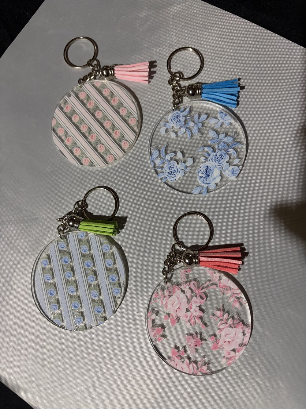 Floral Acrylic Round Keychains - Set of 4 (Pink, Blue, Green, Coral Tassels)